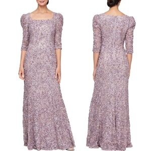 Alex Evenings Lace Long A-Line Gown 3/4 Sleeves Wisteria Lilac Purple MOB MOG 8